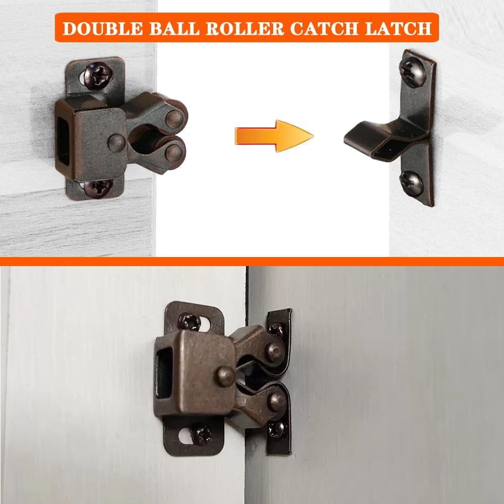 4 Pack Cabinet Latch Double Roller Catch for Cupboard Closet Cabinet Door Latches and Catches, Bronze