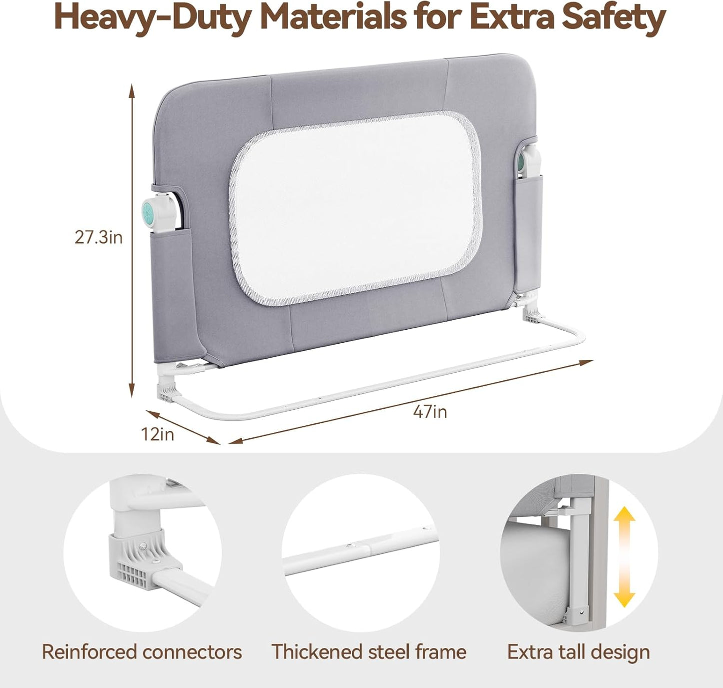 Reinforced Bed Rail for Toddlers – 47’’ Long Safety Guard with Thickened Material, Adjustable & Folding Bed Rails for Twin, Full, Queen, King Beds