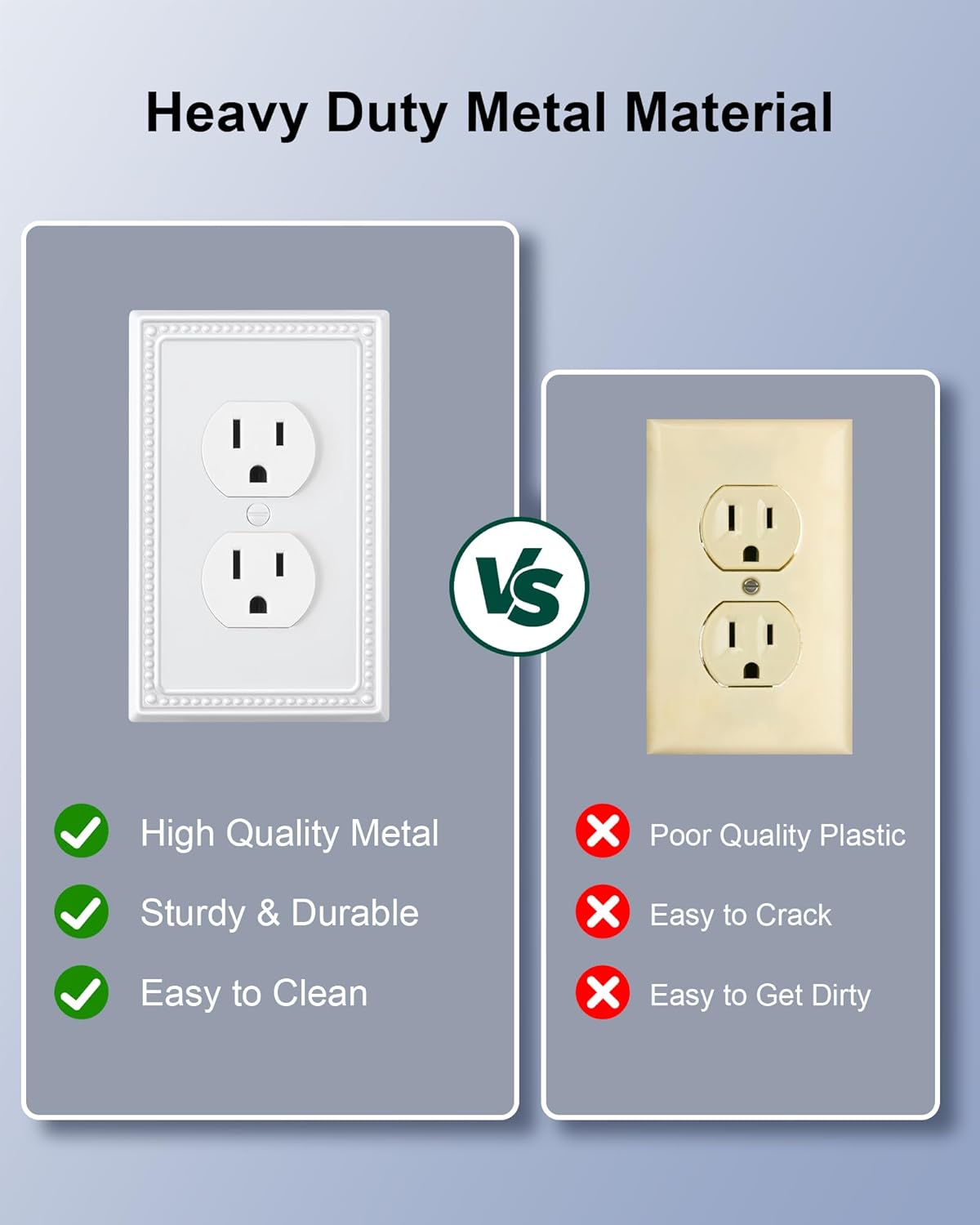 2-Pack Duplex Outlet Cover Plate, Pure White Metal Wall Plates for Electrical Outlets, 1 Gang Receptacle Light Switch Cover, Pearls Decorative Switch Plates and Outlet Covers