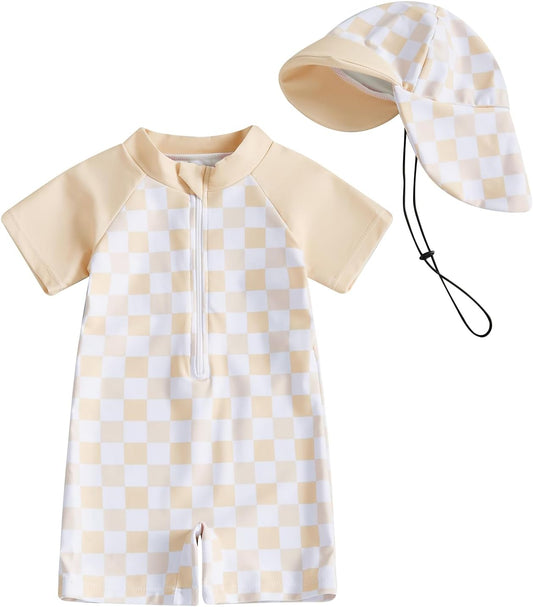 MAYUMMPY Baby Boys Girls Swimwear Casual Zipper One Pieces Rash Guard Swimsuit and Hat Beachwear Bathing Suit