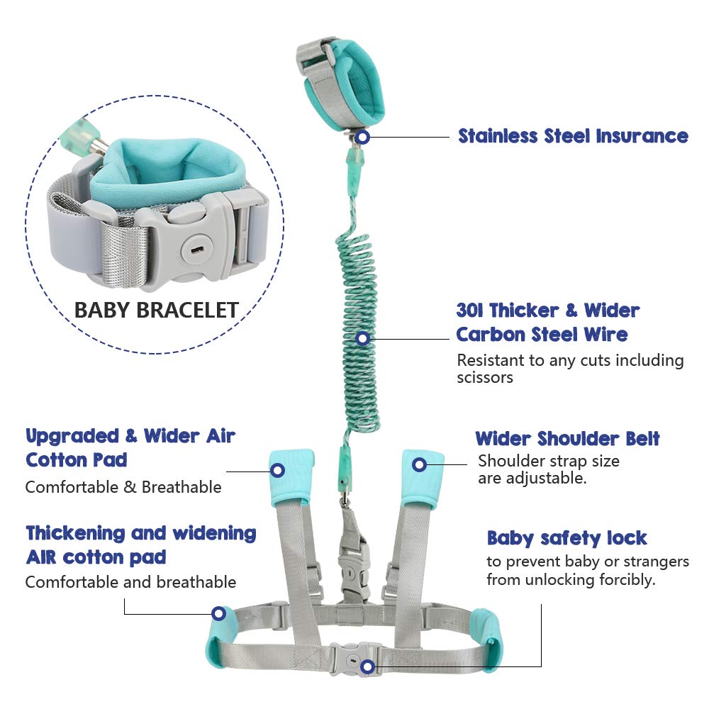 Child Backpack Leash for Toddlers & Kids | 98Inch Lengthen Child Safety Walking Leash -Green