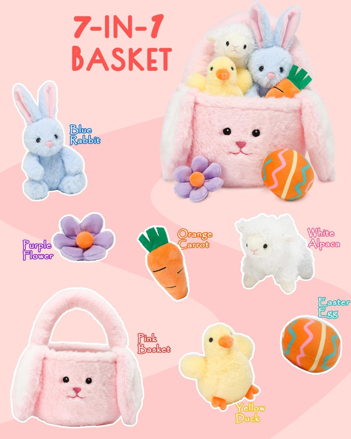 7 Piece Plush Stuffed Animals Playset Toys with Rabbit, Chick, Lamb, Carrot, Egg, Flower, Furry Bag, Soft Basket Set Toys for Girls Kids Ages 3+, Birthday Christmas Valentines Easter Party Favors