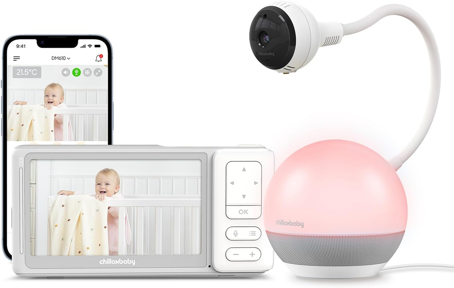 CHILLAX Baby Monitor Baby Mood Plus,5-inch 1080p HD Camera Wi-Fi Baby Monitor,with Sleep Trainer & Mood Light Soother,Flexible Gooseneck and 360°Pan View,Accessible via Phone App and Nursery Features