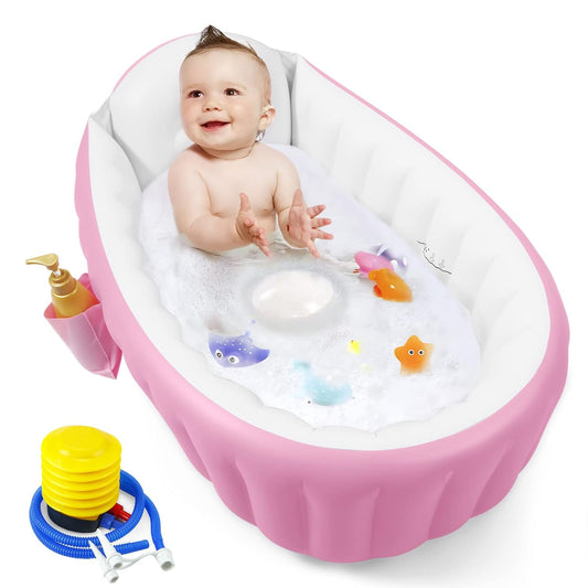 PandaEar Baby Inflatable Bathtub, Portable Travel Baby Infant Bath Tub Toddler Bathtub with Air Pump, Foldable Non-Slip Shower Basin Mini Air Swimming Pool for Newborn (Pink)