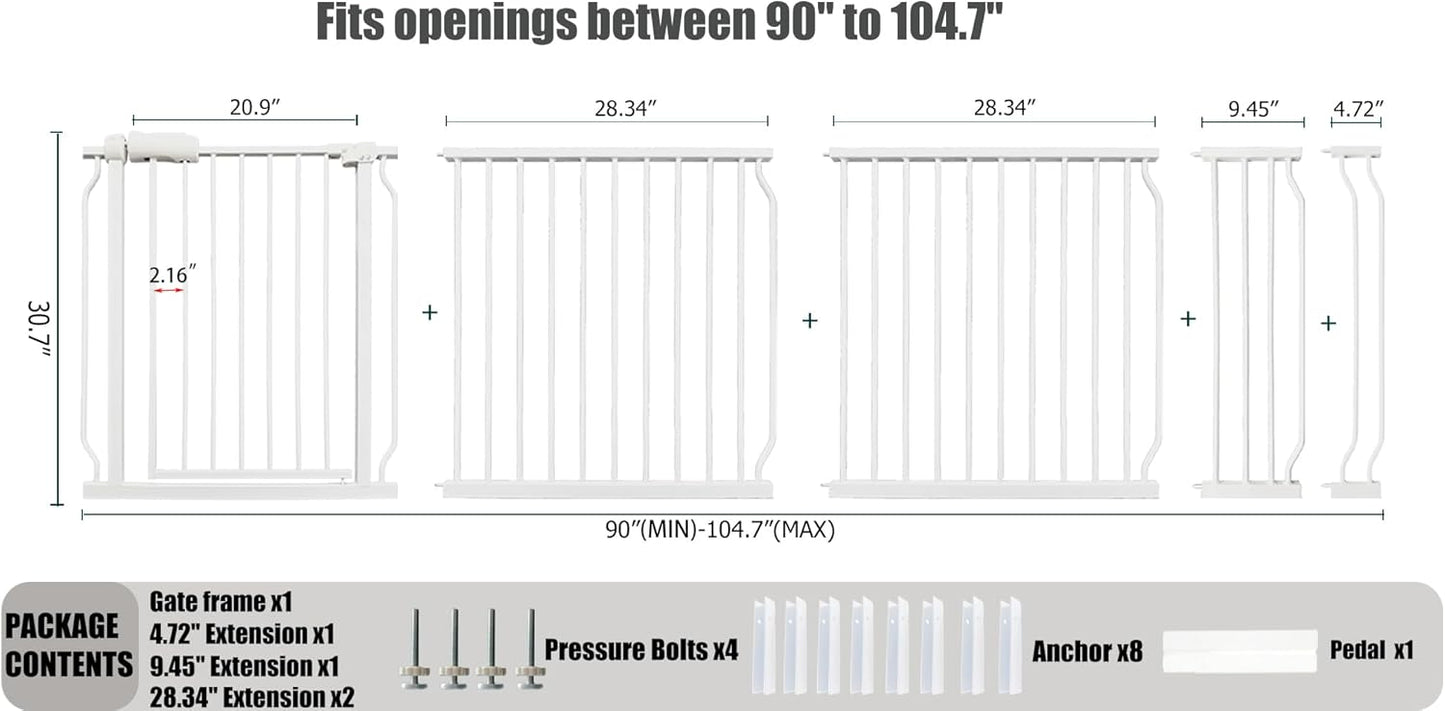 Heavy Duty Baby & Dog Safety Gate 86-104.7 Inch, White Metal, Tension Mounted No Drilling Pet Gate for Large Openings
