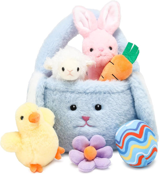 7 Piece Plush Stuffed Animals Playset Toys with Rabbit, Chick, Lamb, Carrot, Egg, Flower, Furry Bag, Soft Basket Set Toys for Girls Kids Ages 3+, Birthday Christmas Valentines Easter Party Favors