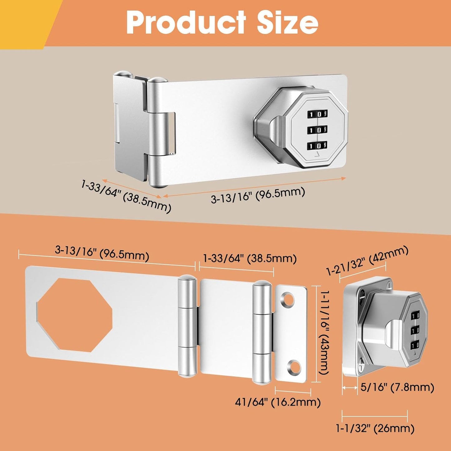 90 Degree Cabinet Locks with Combination, Mechanical Folding Door Latch, Keyless Password Rotary Hasp Latch Lock for Office File Cabinet, Drawers, Locker, Small Door, Cupboard (1, Silver)
