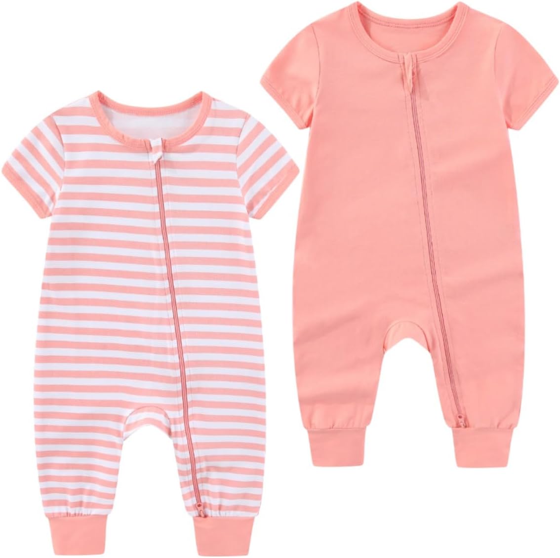 2 Pack Unisex Baby Short Sleeve Rompers 2 Way Zipper New Born One-Piece Jumpsuits 0-24Months Infant Outfits