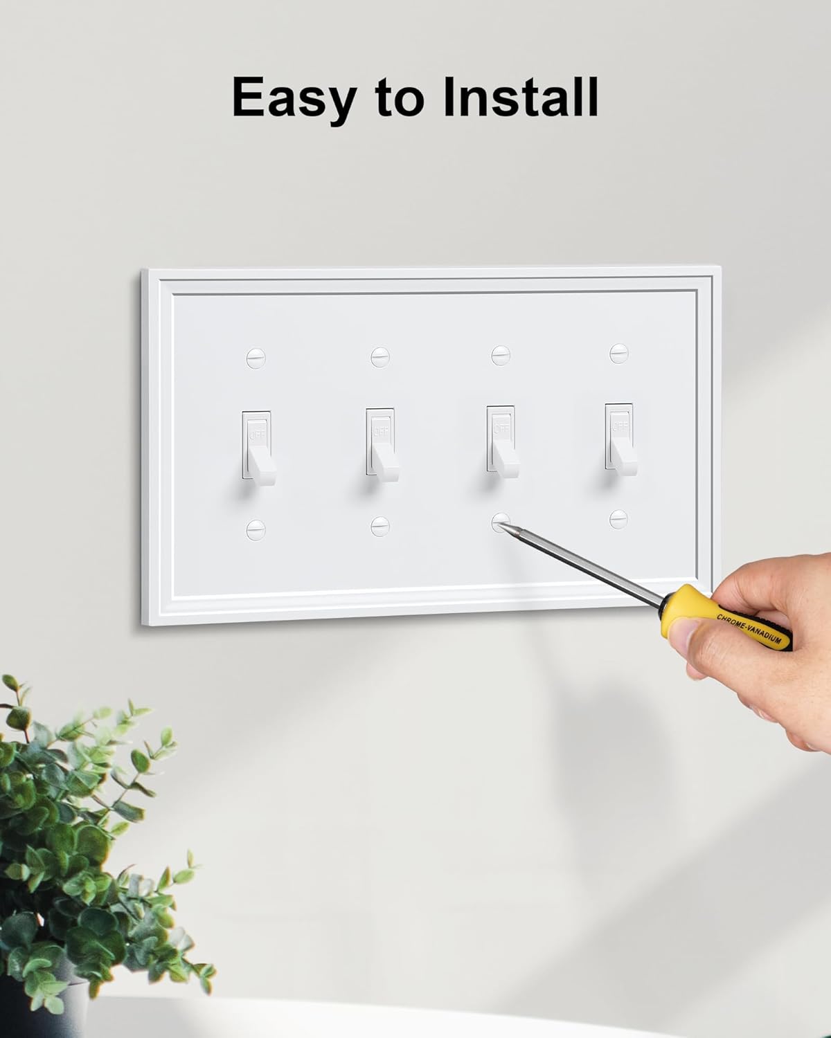 2-Pack Quad Toggle Light Switch Cover Plate, White Decorative Switch Plate Covers, Natural Bamboo Fiber 4 Gang Wall Plate, Corrosion Resistant