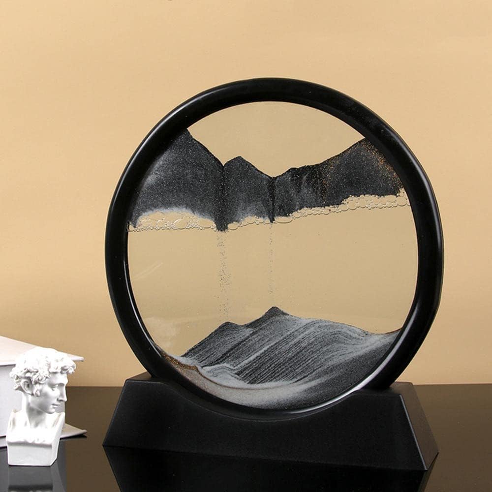 Moving Sand Art Picture in Motion Round Glass 3D Deep Sea Landscape, Dynamic Sand Art Sandscapes, Sensory Relaxing Desktop Table Decor Desk Decor Art Desk (12 inch, Black)