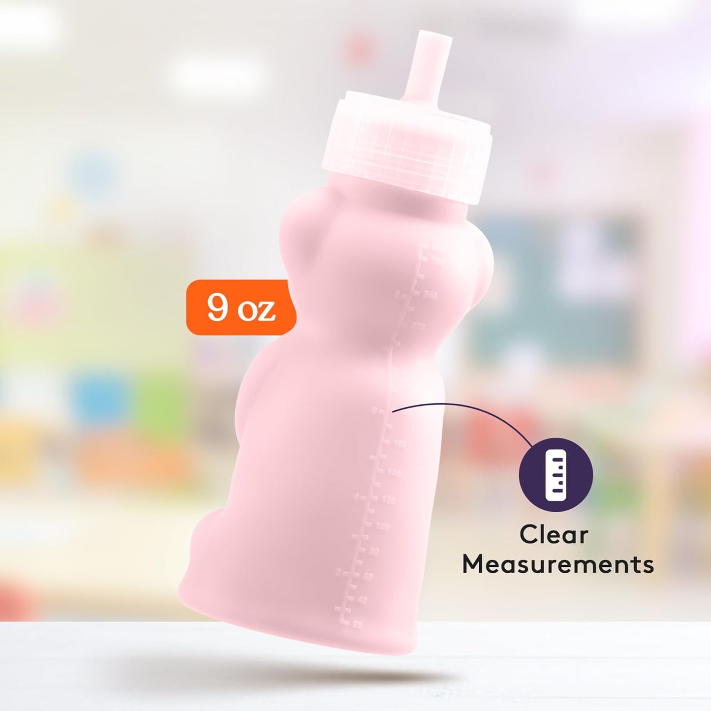 Special Supplies Honey Bear Straw Cup Long Straws, Squeezable Therapy and Special Needs Assistive Drink Container, Spill Proof and Leak Resistant Lid (Pack of 1 Bottle and 3 Straws) (Pink)