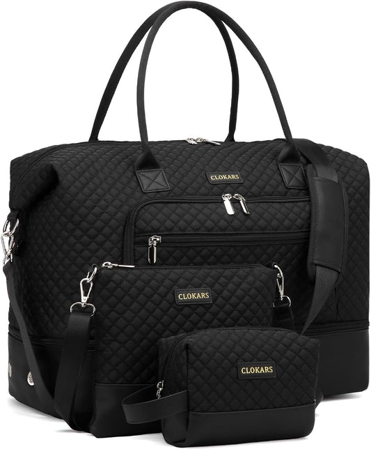 Weekender Bags for Women, Travel Duffle Bag Carry On Overnight Bag with Cosmetics Bag and Crossbody Purse for Gym Hospital, Gifts for Women, Black