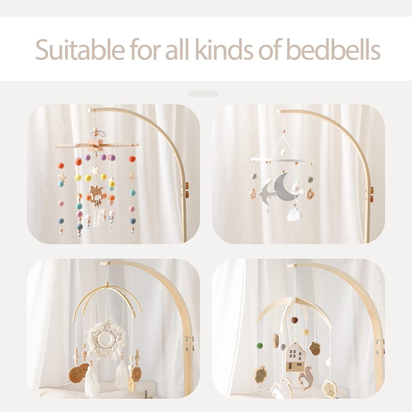 Baby Crib Mobile Arm - Wooden Baby Mobile Crib Holder for Hanging Baby Crib Attachment for Nursery Decor (Curved Structural Arm)