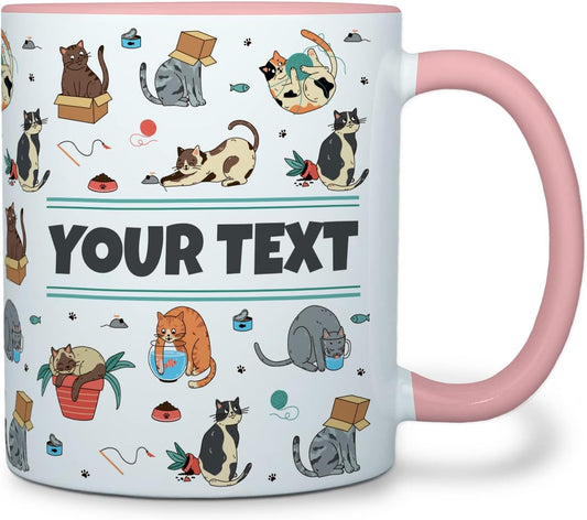 Personalized Mug for Kids - Cats - Custom Name/Text, Ceramic Hot Chocolate/Cocoa/Coffee Cup for Boys/Girls, Birthday/Christmas/Holiday Gift - 11 oz, Pink Handle