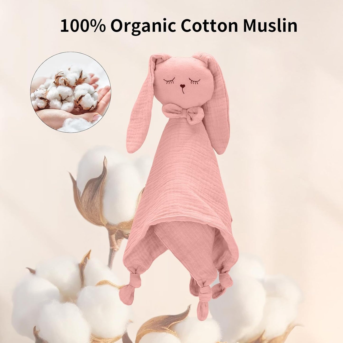 Easter Basket Stuffers, Organic Cotton Muslin Bunny Loveys for Babies Baby Security Blanket Baby Snuggle Toy Newborn Essentials Must Haves(Rabbit-Pink)