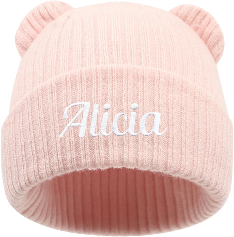 Personalized Baby Beanies Hats, Custom Embroidered Name Knitted Toddler Winter Bear Ear Hat