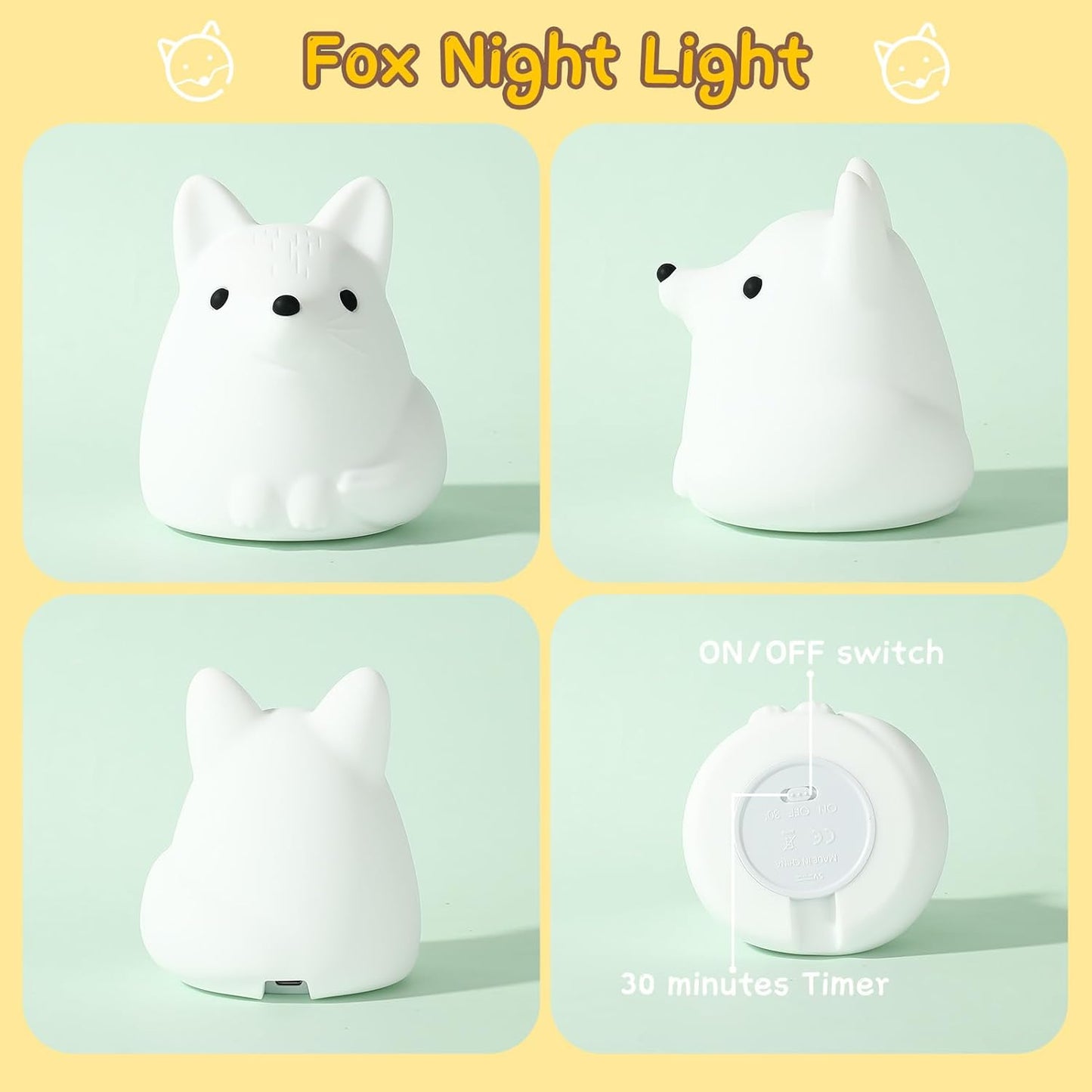 LOVERUIS Night Light for Children, Fox Night Lights 7 Colours Night Light Baby, USB Rechargeable, Cute Lamp Gifts for Babies, Children, Toddlers 30-Minute Timer