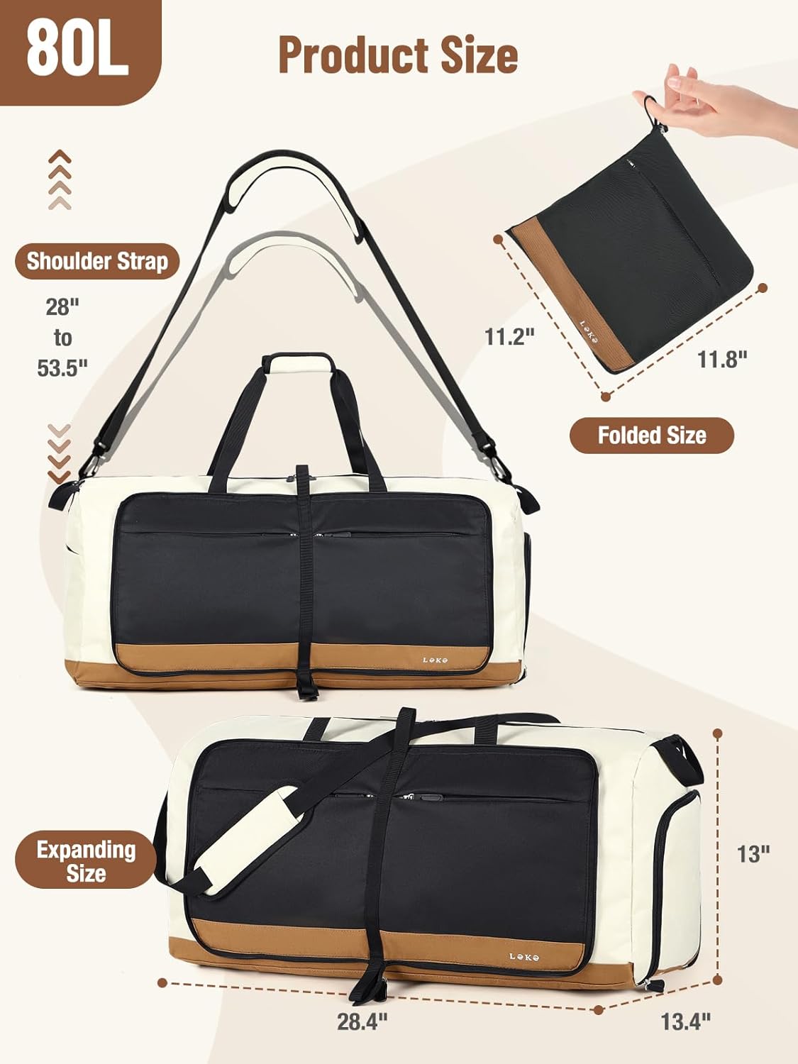 Lekesky Foldable Travel Duffle Bag for Women, Large Duffel Bag with Separate Shoes Compartments & Straps, Carry On Weekend Bag for Women, Hospital, Overnight (Camel & Brown, 80L)