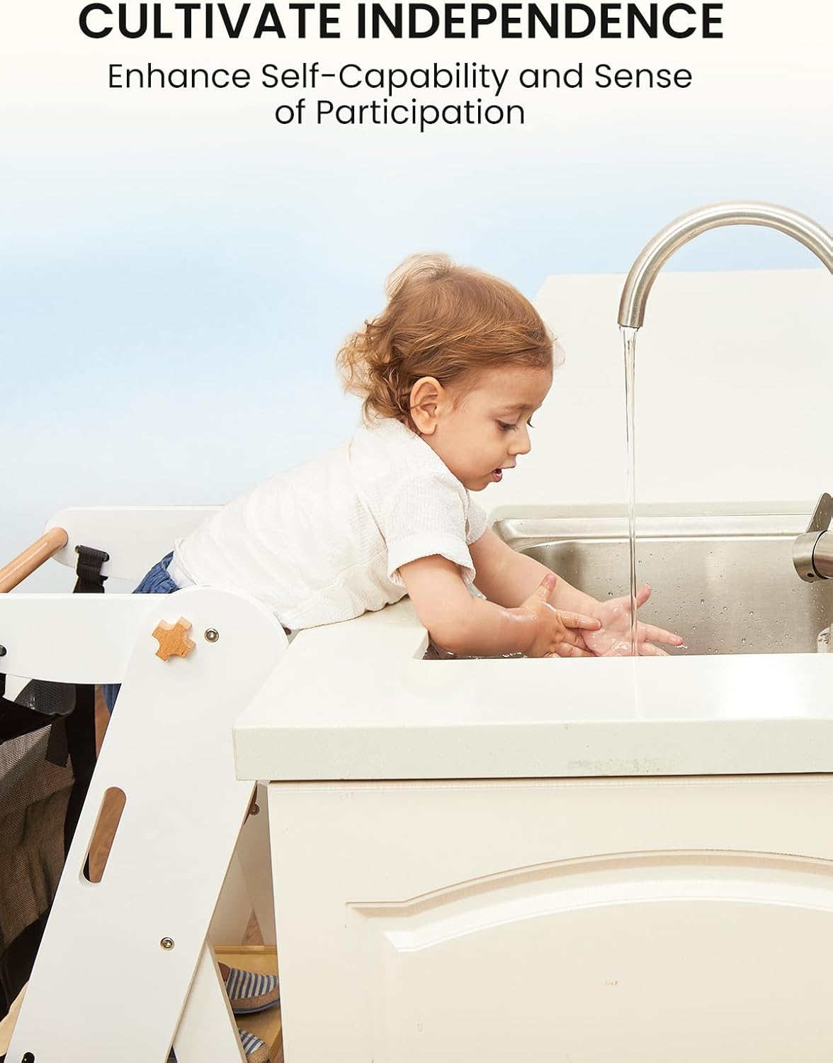 GROWNSY Foldable Toddler Tower, Toddler Kitchen Standing Helper, Kids Learning Tower with 3 Adjustable Heights and Safety Net for Kitchen Bathroom Sink Counter (White)