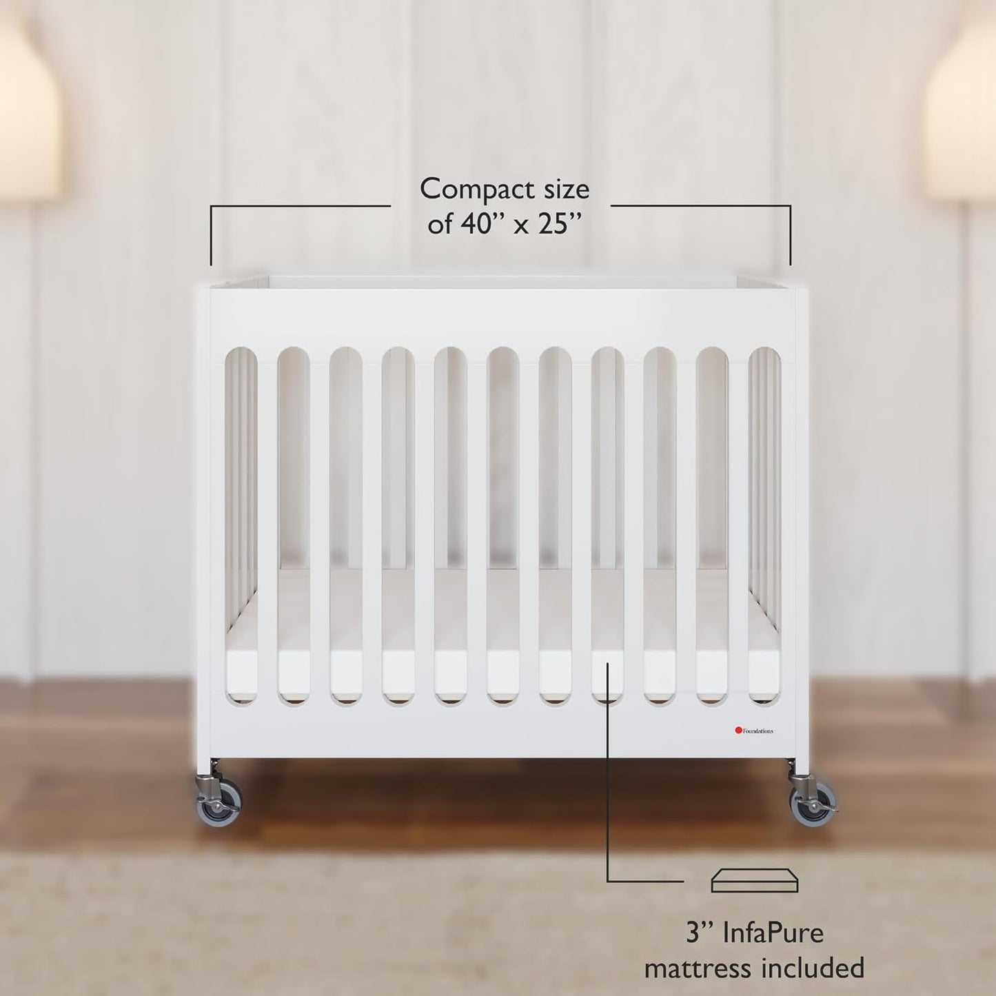 Foundations Boutique Folding Mini Baby Crib - Compact, Portable, Wooden Hotel Crib, Foldable Compact Cribs for Baby & Toddlers - Includes 3" Foam Mattress - White