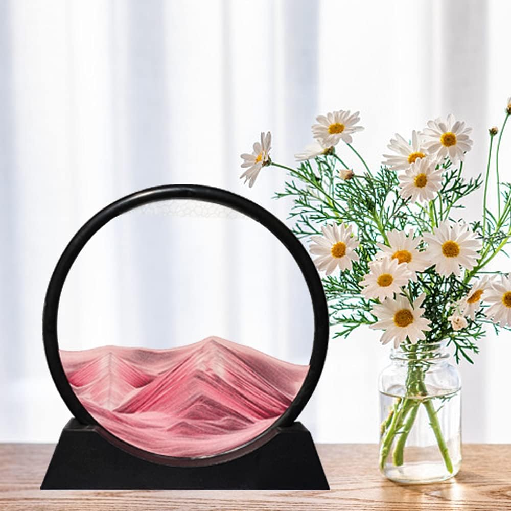 Aoderun Moving Sand Art Picture Round Glass 3D Deep Sea Sandscape in Motion Display Flowing Sand Frame Relaxing Desktop Home Office Work Decor (12", Pink)