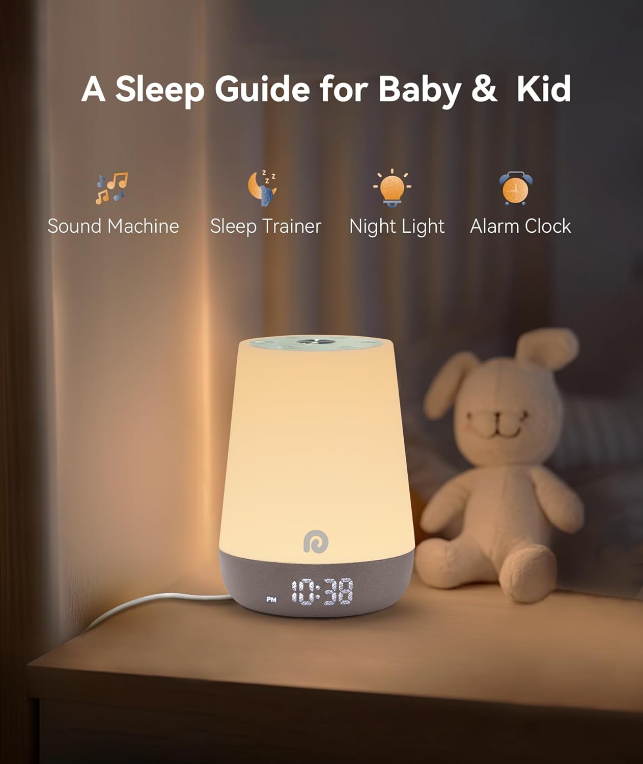 Dreamegg Nite 1 - Baby Sound Machine, Sleep Trainer, Night Light for Kids, Ok to Wake Alarm Clock, 34 Soothing Sounds, App Control, White Noise Sound Machine for Baby Kids Nursery(Sleepy Ellie)