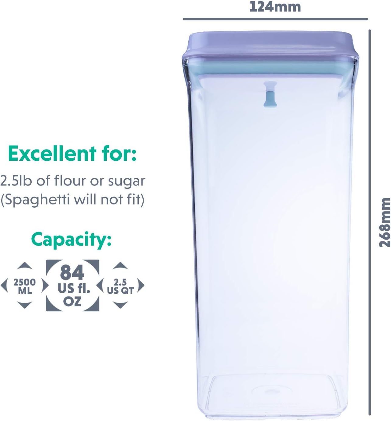 BopTop (1pc - 2500ml) Airtight Food Storage Container – Mechanical Silicone Seal Canister - BPA-Free - 2.5Qt