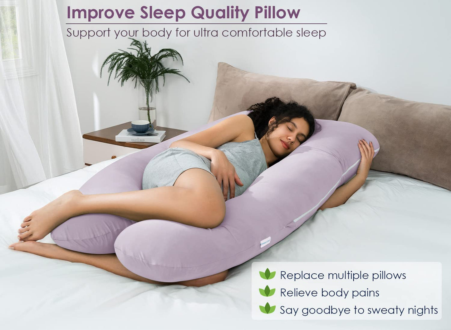 QUEEN ROSE Cooling Pregnancy Pillows, U Shaped Full Body Maternity Pillow for Pregnant Support, Rayon Derived from Bamboo, Buttery Soft, Super Breathable for Hot Sleeper, Purple