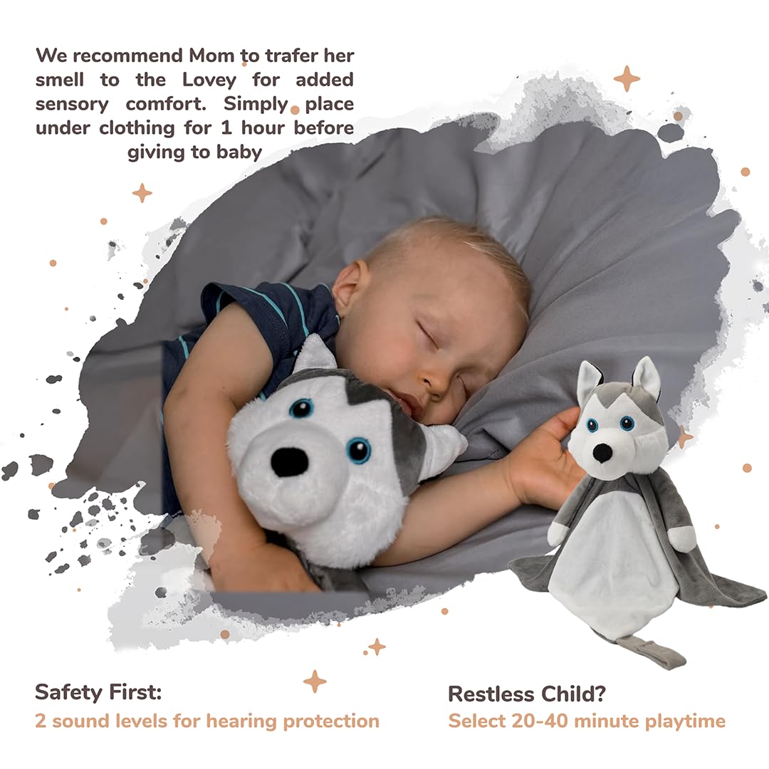 Love By Emi Baby Music Lovey Grey & White Husky, Baby Sleep Soother for Crib & Cuddle Bedtime, White Noise with Heartbeat & Lullaby, Plush Sound Toy, Stuffed Animal for Newborns, Infants & Toddlers