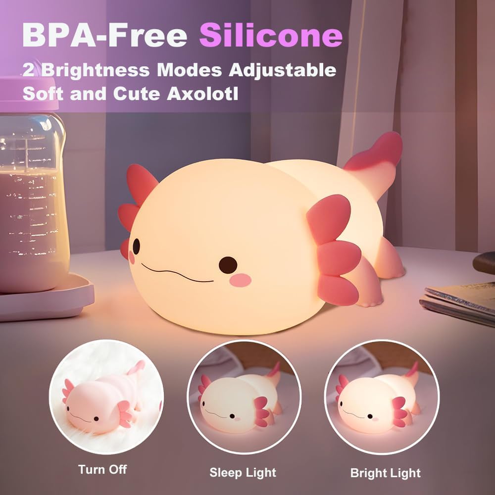 Cute Axolotl Night Light for Kids Bedroom, Animal Silicone Nursery Night Lamp Touch Control Nightlights USB Rechargeable Bedside Lamp for Baby Children Toddlers Girls Gift (pink Axolotl 1)