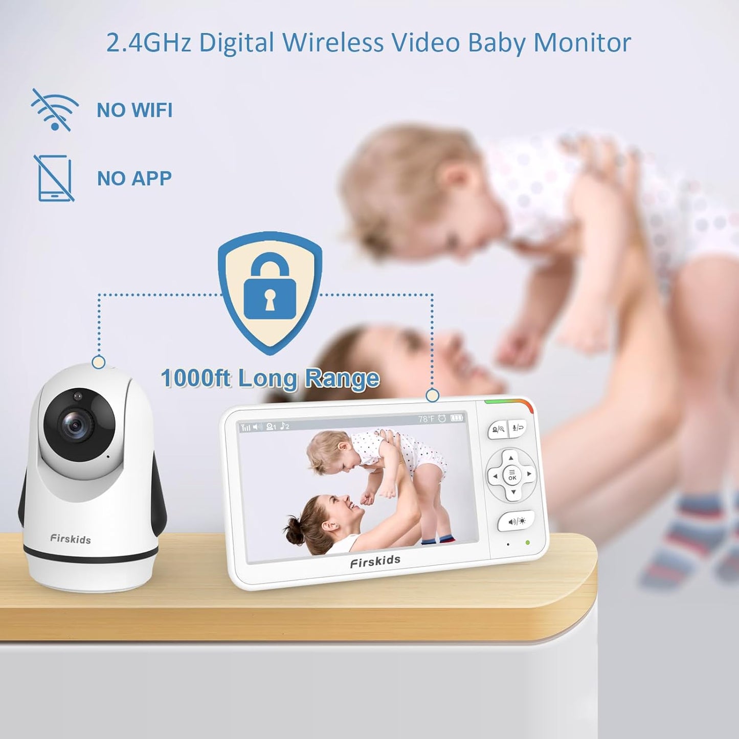 Baby Monitor, 5” Video Baby Monitor with Camera and Audio, 32-Hour Battery, Non WiFi, 2 Way Talk, Temp Sensor, Auto Night Vision, Pan Tilt Zoom Camera, Suitable for Monitor Baby and Elderly