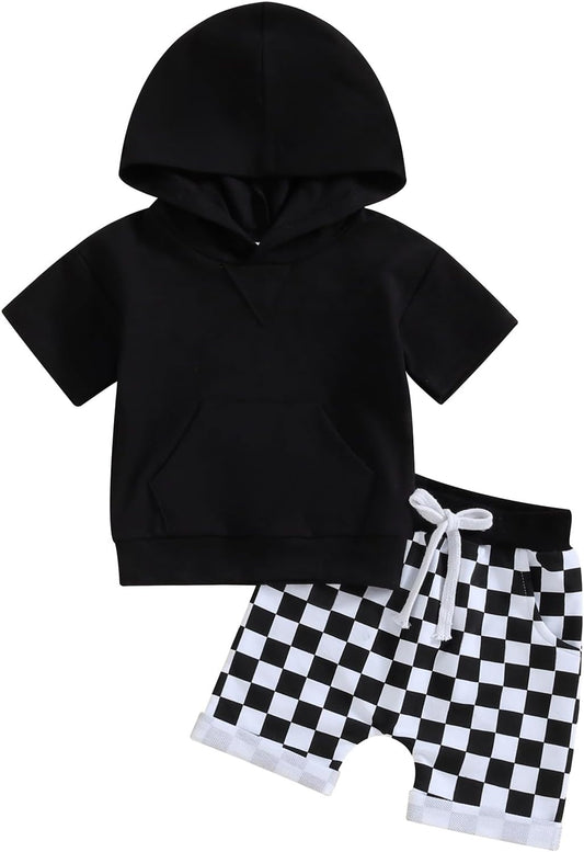 Toddler Baby Boy Summer Hooded Outfit Contrast Color Short Sleeve T Shirt Top Elastic Shorts Summer Clothes Set