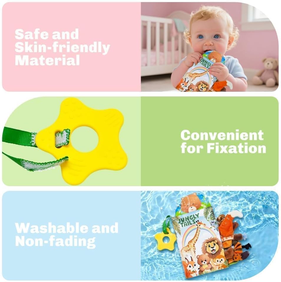 Baby Toys 0-6 Month, Crinkle Books for Babies, Jungle Tails Soft Baby Cloth Books 6 to 12 Months with 10 Pcs Jungle Animal Finger Puppets, Infant Tummy Time Sensory Toys, Newborn Gifts for Boys Girls