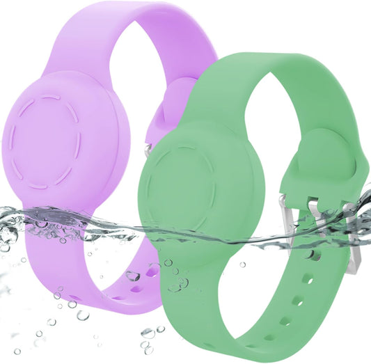Waterproof Airtag Bracelet for Kids, Silicone Wristband Compatible with Apple Air Tag Hidden Holder Case, GPS Tracker Anti-Lost Adjustable Airtag Strap for Toddler Child (2 Pack, Green & Purple)