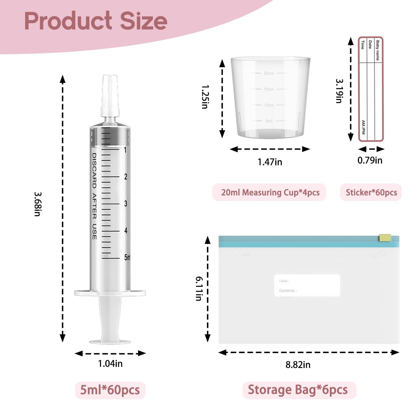 60 Sets 5Ml Colostrum Collector Kit Include 60 5ml No Needle Sterile Syringes with Cap, 4 Measuring Cup, 6 Zip-lock Storage Bags, 60 Labels for Breast Milk Collector