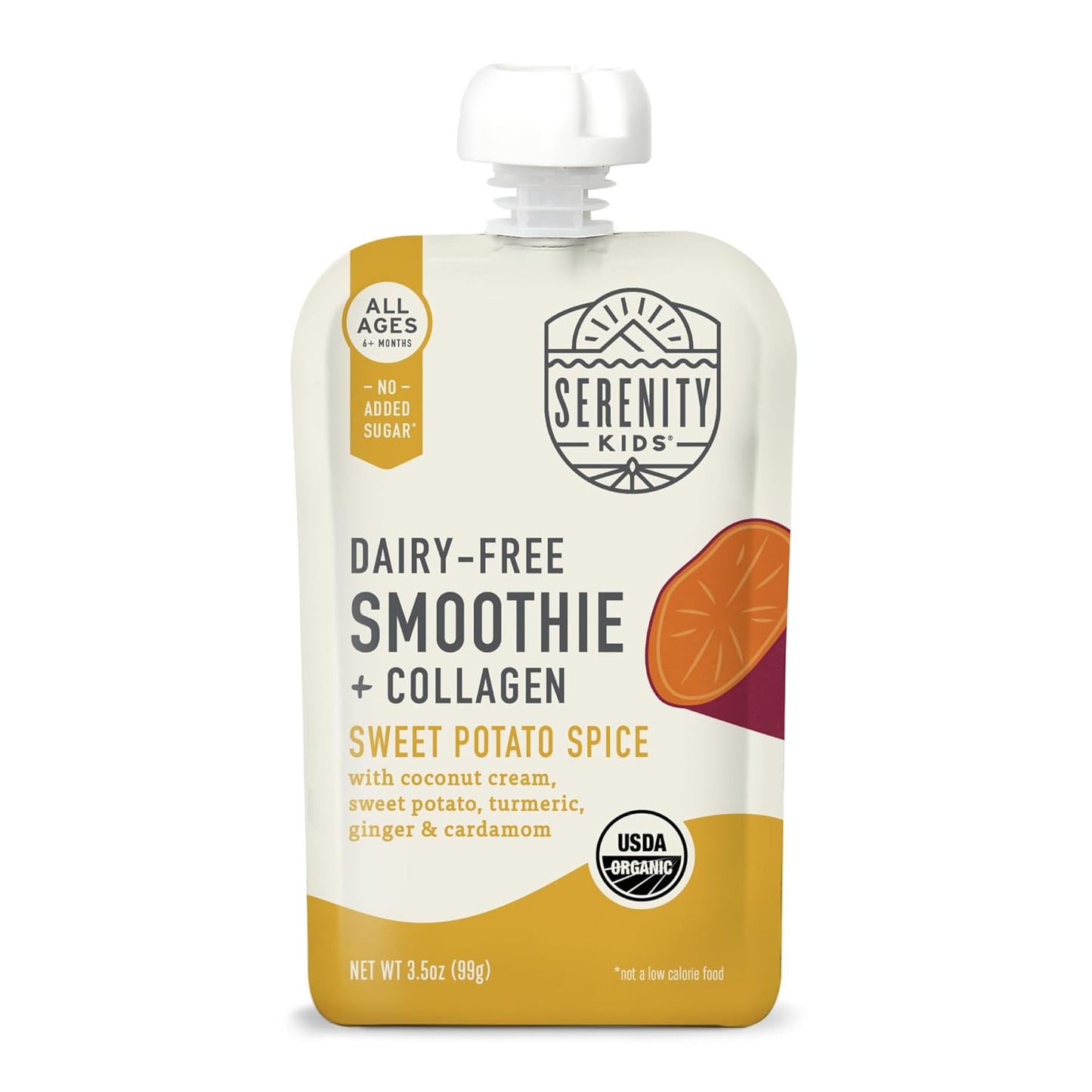 Serenity Kids 6+ Months Dairy-Free Smoothie Baby Food | USDA Organic | Grass Fed Collagen Protein | 3.5 Ounce BPA-Free Pouch | Sweet Potato Spice | 12 Count