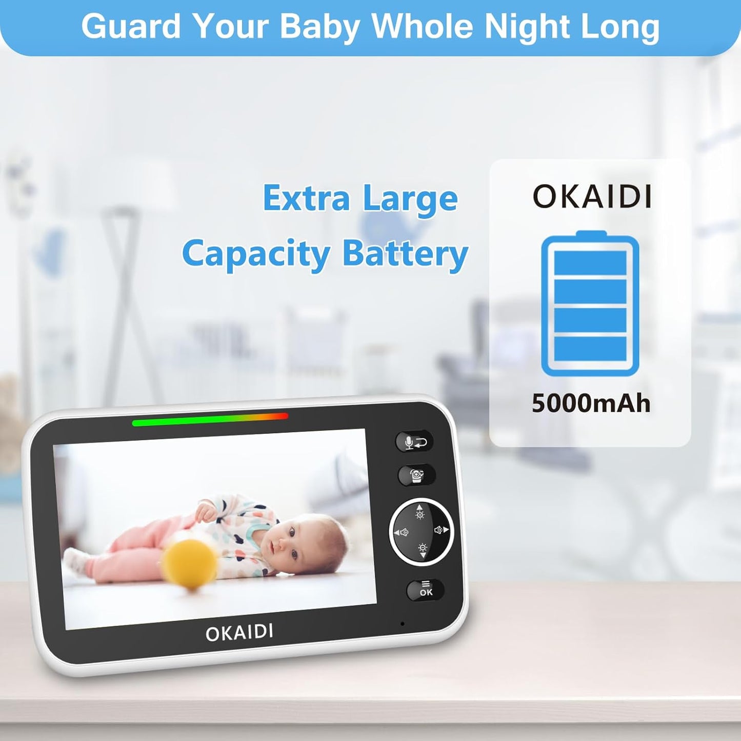 5" HD Baby Monitor with Camera and Audio, 720P Display, 5000mAh Battery, Remote Pan-Tilt, 3X Zoom, Night Vision, 2-Way Talk, Temperature,Lullabies,1000ft Range Baby Monitor No WiFi