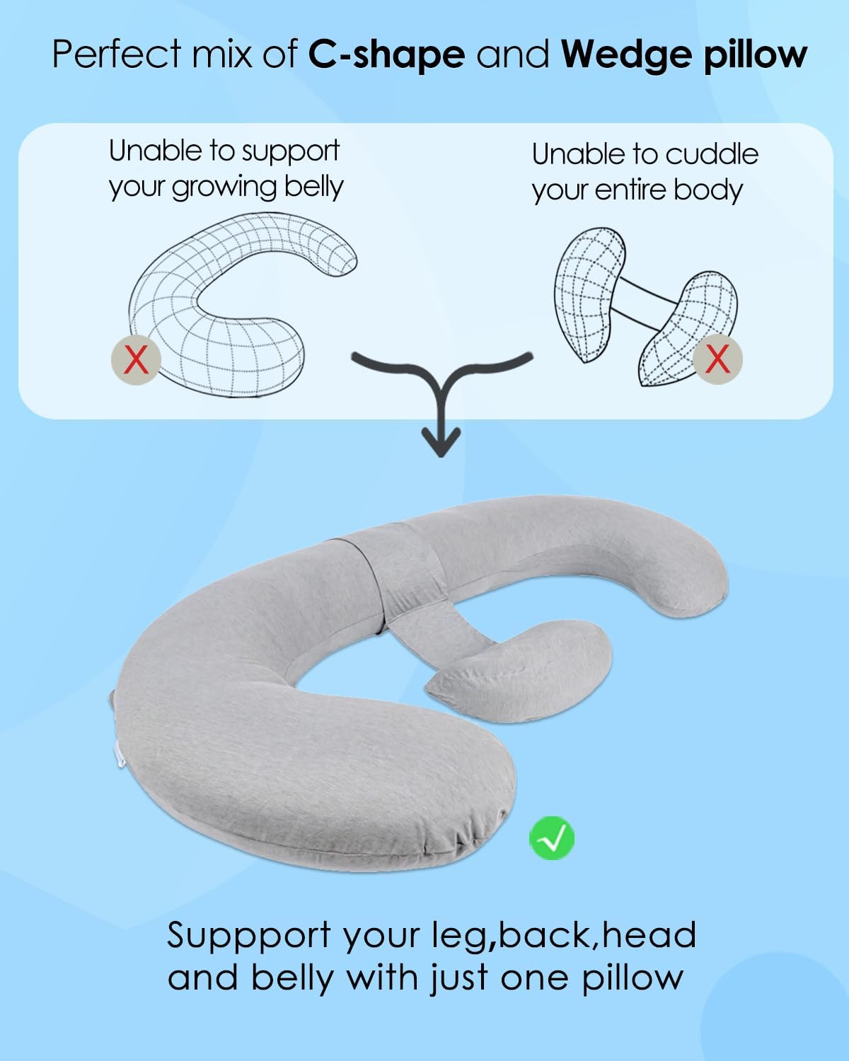 QUEEN ROSE Pregnancy Pillows - E Shaped Pregnancy Pillows for Sleeping, with Pregnancy Wedge Pillows for Belly Support, 60 inch Maternity Body Pillow, Breathable Jersey Cover,Grey