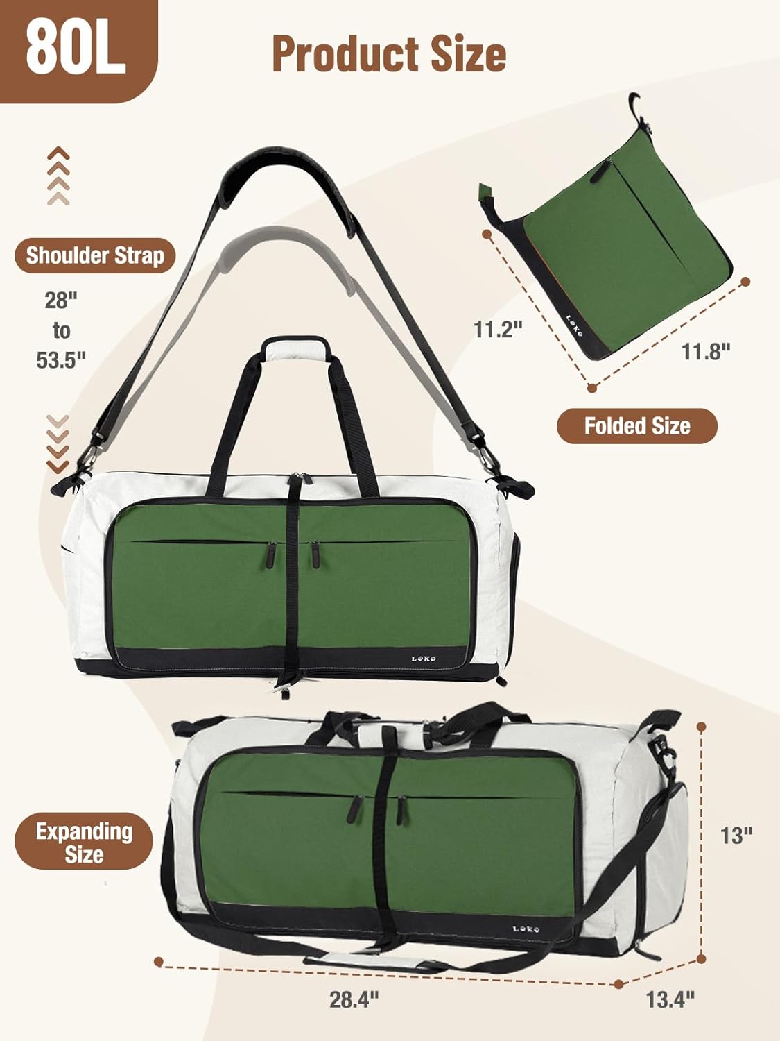 Lekesky Foldable Travel Duffle Bag for Women, Large Duffel Bag with Separate Shoes Compartments & Straps, Carry On Weekend Bag for Women, Hospital, Overnight (Green & Camel, 80L)