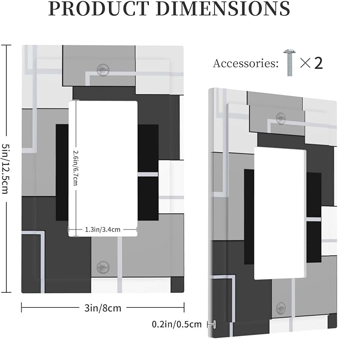 1 Gang Single GFCI/Decorator Rocker Outlet Light Switch Wall Plate Cover Modern Mid Century Aesthetics Abstract Geometric Black and White Grey Gray Decorative One Device Electrical Faceplate Dimmer