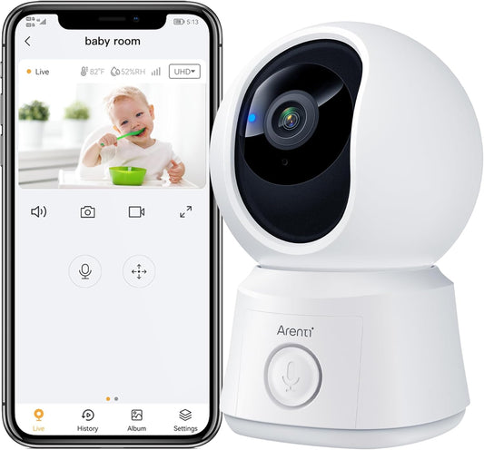 ARENTI B2, 360° View Baby Camera for Pet/Nanny, 2.4g WiFi Only, Temperature Sensor, Sound & Motion Detection, 2 Way Audio, Night Vision, Works Screen2-No Light