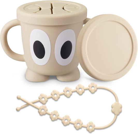 Silicone Snack Cups Food Container for Toddlers and Babies, Spill Proof Training Cup with Snack Cup Lid & Dust Proof Lid, Comes with a toy strap, Without BPA, Lead, or Phthalates (Beige)