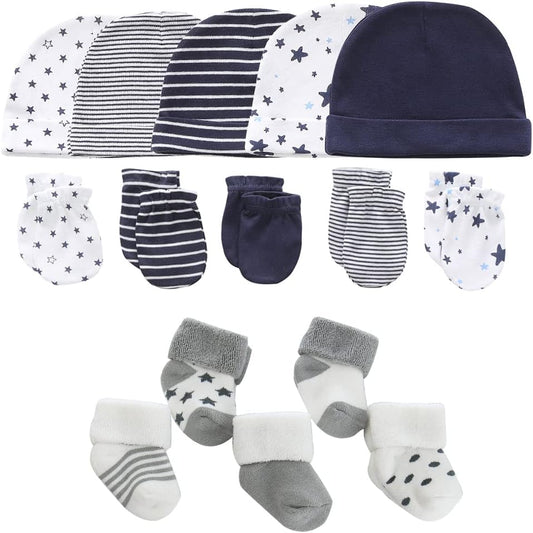 Newborn Baby Boy Girl Caps Mittens Socks Set Cotton Baby Essentials Accessories (Hats+Gloves+Socks)