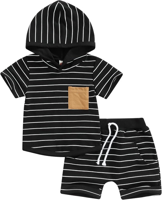Toddler Baby Boy Summer Hooded Outfit Contrast Color Short Sleeve T Shirt Top Elastic Shorts Summer Clothes Set