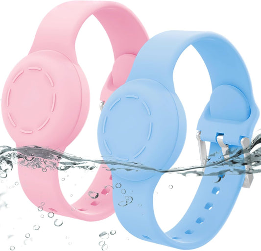 Waterproof Airtag Bracelet for Kids, Silicone Wristband Compatible with Apple Air Tag Hidden Holder Case, GPS Tracker Anti-Lost Adjustable Airtag Strap for Toddler Child (2 Pack, Pink & Blue)