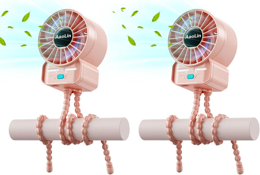 2 Pack Multifunctional Portable Stroller Fan 4 Speed 6600rpm High Speed Usb Rechargeable Personal Mini Handheld Fan Extended Tripod For Desktop Winding Kids Bed Treadmill Bike Golf Cart Outdoor Travel