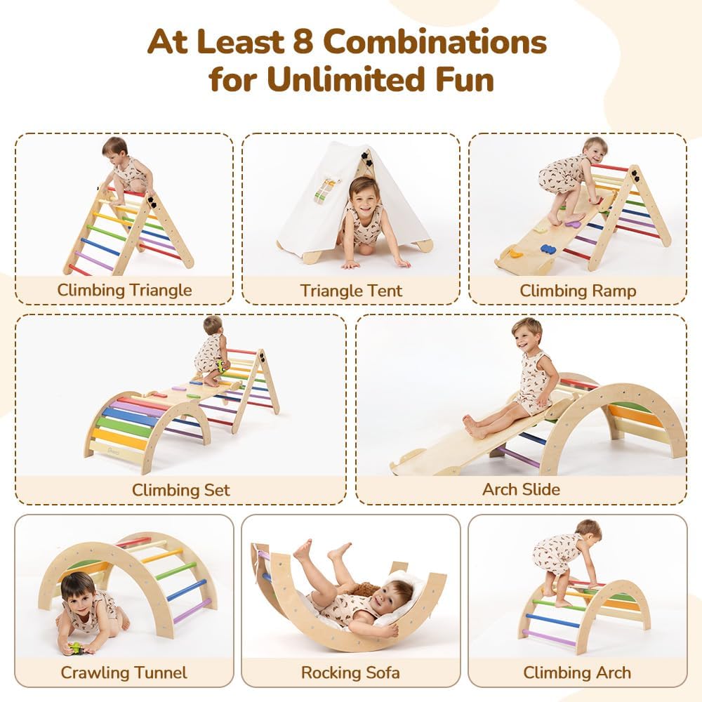 Pikler Triangle Set with Cushion, 8-in-1 Toddler Climbing Toys Indoor, Wooden Montessori Climbing Set with Arch Ramp,Ladder&Tent Cloth, Baby Indoor Climber Jungle Gyms for Toddlers Toy, Rainbow