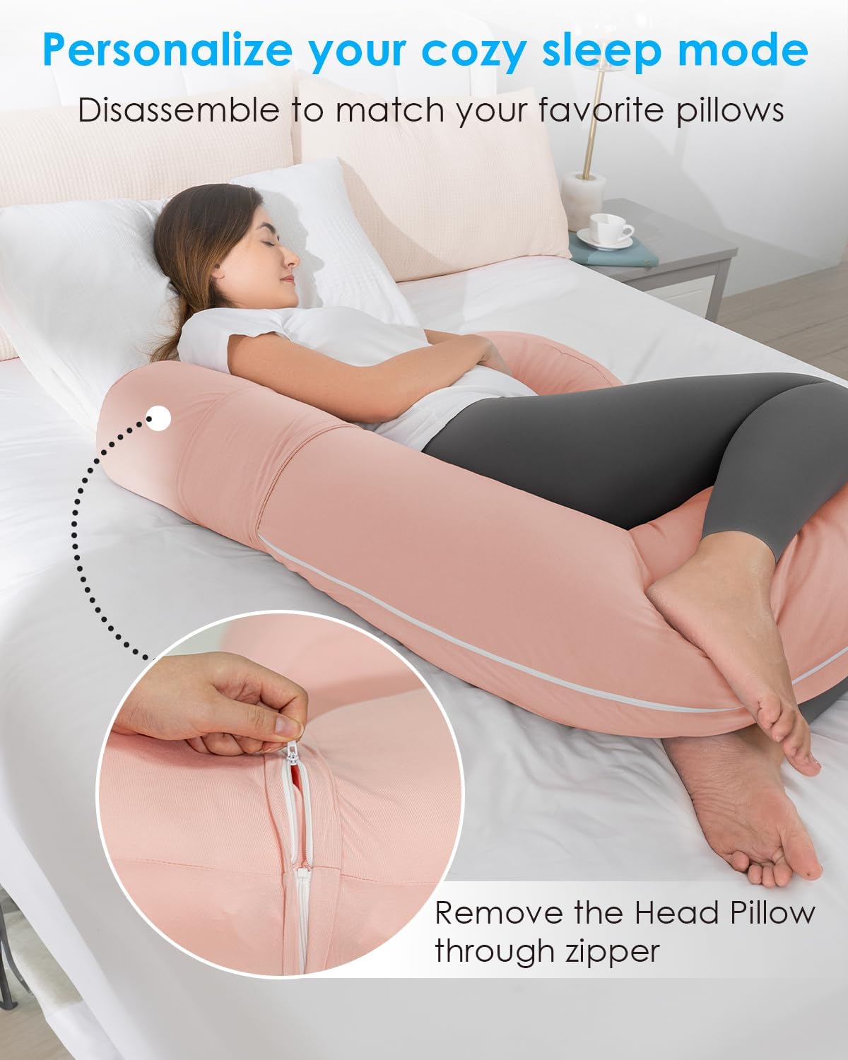 QUEEN ROSE Cooling E Shaped Pregnancy Pillows, Detachable Body Pillow for Sleeping, with Pregnancy Wedge Pillow for Belly Support, Cooling Rayon Cover,Pink