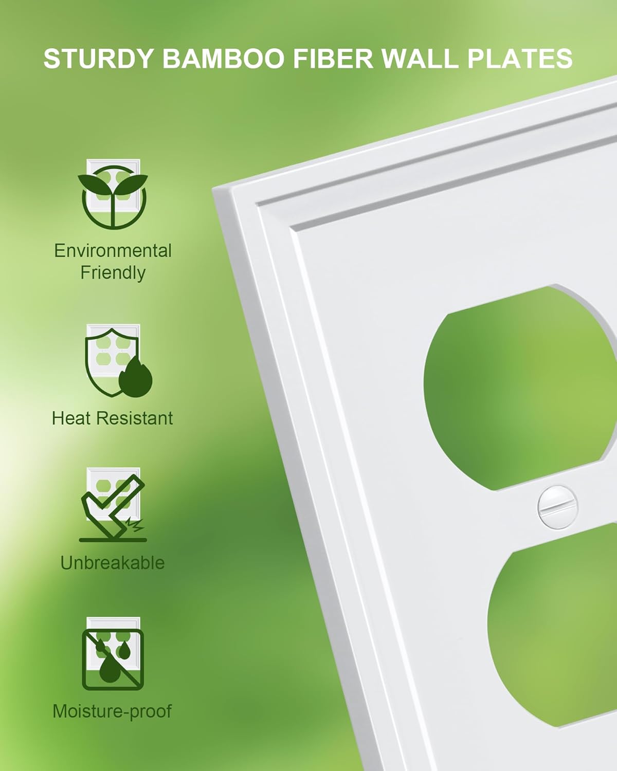 2-Pack Double Duplex Outlet Cover, Natural Bamboo Fiber Switch Plates and Outlet Covers, White Decorative Wall Plates for Electrical Outlets, 2 Gang Receptacle Cover, Corrosion Resistant