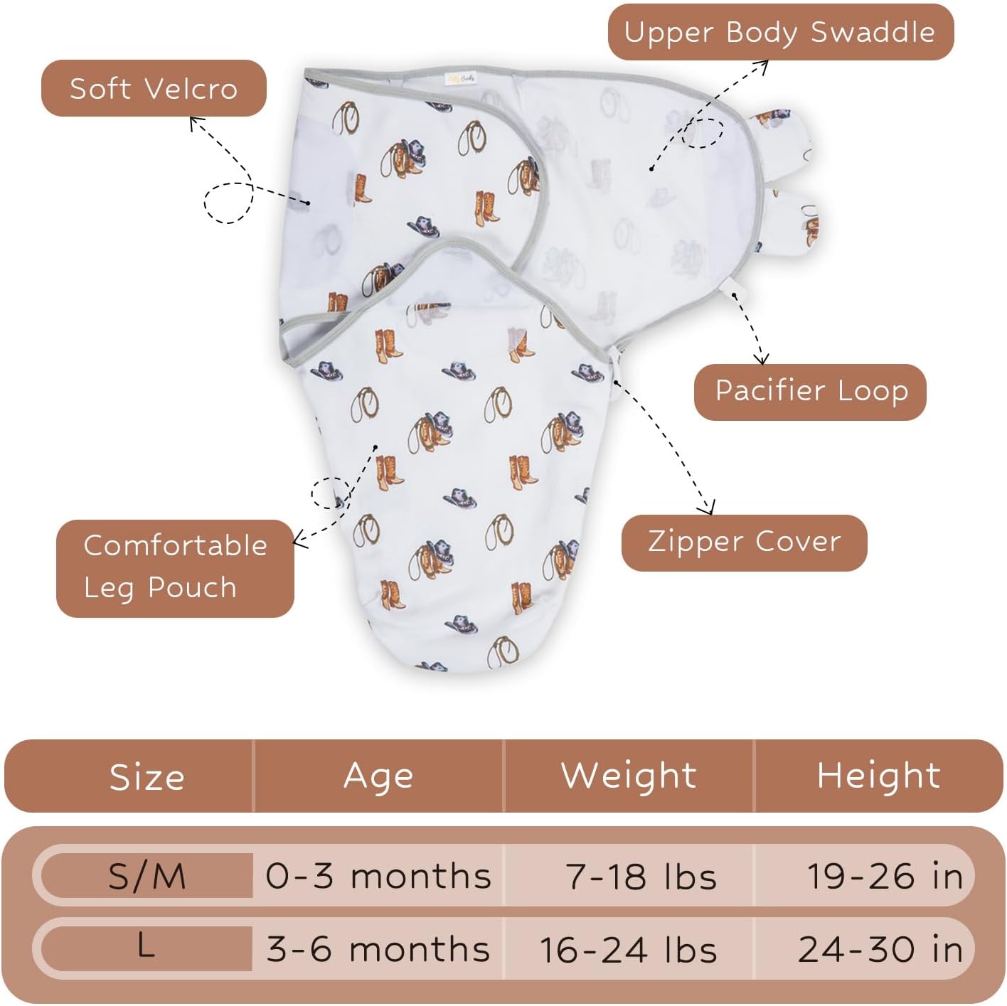 LollyBanks 100% Organic Cotton Baby Boy Essentials Swaddles 3-6 Months, Newborn Swaddle with Easy Change Zipper, Western Baby Swaddle Blanket Wrap (Cowboy Print)